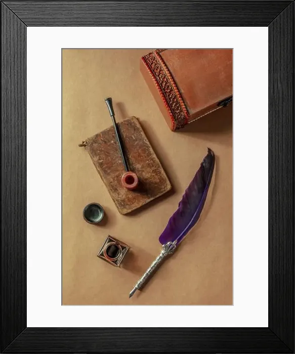 Framed Print : Detective investigation game play objects. A pipe, a quill pen etc