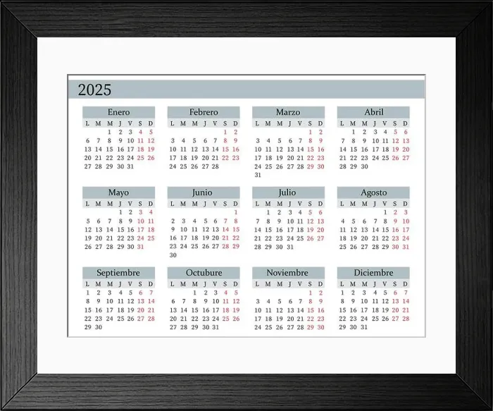 Framed Print : 2025 Yearly Calendar Vector in Spanish, Monday Start, Clean Design, Printable Template Framed Print : 2025 Yearly Calendar Vector in Spanish, Monday Start, Clean Design, Printable Template