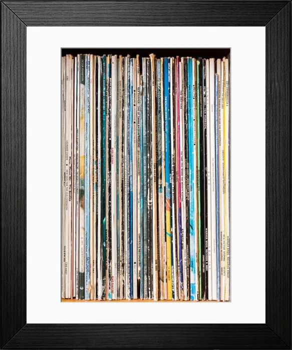 Framed Print : England. Stacked shelf of vertical Record LPs Framed Print : England. Stacked shelf of vertical Record LPs
