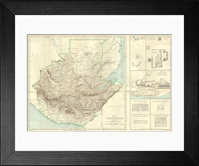 Framed Print : GUATEMALA MAP: & plan ruins Quirigua;Tikal; Usumacinta RGS map, 1883 Framed Print : GUATEMALA MAP: & plan ruins Quirigua;Tikal; Usumacinta RGS map, 1883
