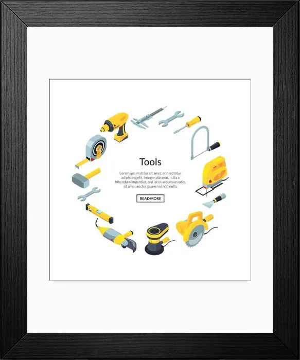 Framed Print : Vector construction tools isometric icons in circle form with place for text in center illustration Framed Print : Vector construction tools isometric icons in circle form with place for text in center illustration