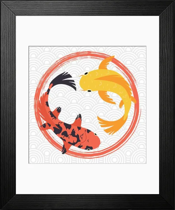 Framed Print : orange and yellow koi fishes in circles Framed Print : orange and yellow koi fishes in circles