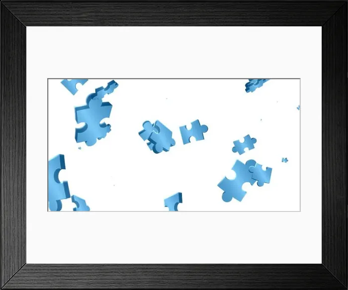 Framed Print : Image of blue pieces of puzzle falling on white background Framed Print : Image of blue pieces of puzzle falling on white background
