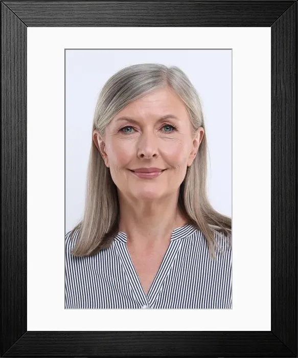 Framed Print : Passport photo. Portrait of woman on white background Framed Print : Passport photo. Portrait of woman on white background