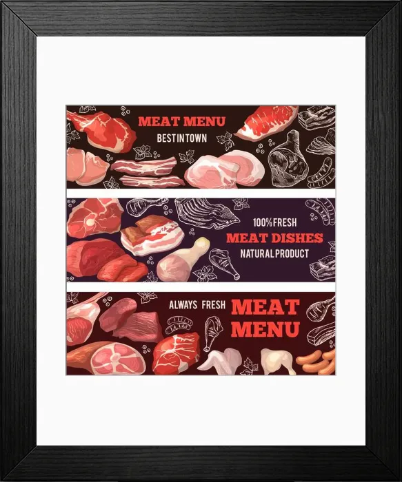 Framed Print : Banners with pictures of meat. Brochure design template for butcher shop Framed Print : Banners with pictures of meat. Brochure design template for butcher shop