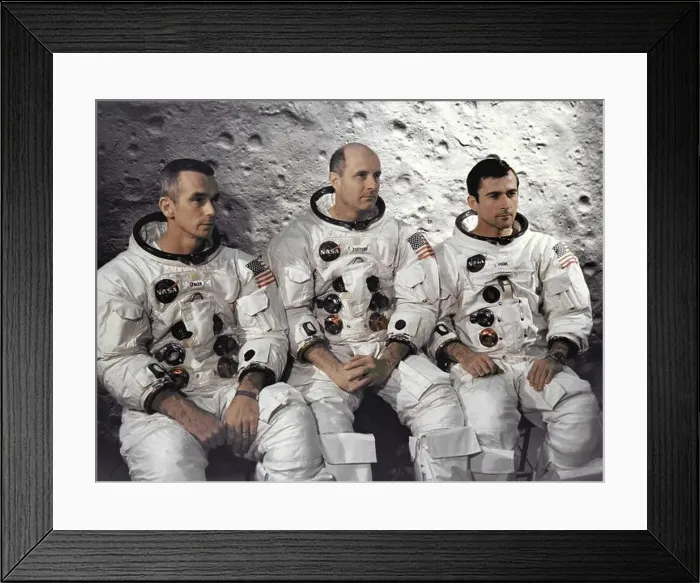 Framed Print : Prime crew Apollo 10 lunar orbit mission in their spacesuits posed against a lunar background April 3 Framed Print : Prime crew Apollo 10 lunar orbit mission in their spacesuits posed against a lunar background April 3