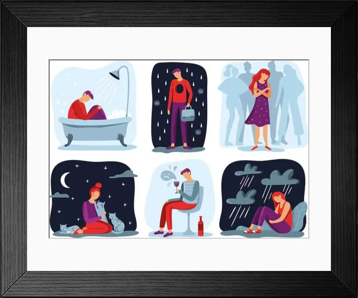 Framed Print : Feel loneliness. Feeling lonely, sad depressive person and social isolation vector illustration set Framed Print : Feel loneliness. Feeling lonely, sad depressive person and social isolation vector illustration set