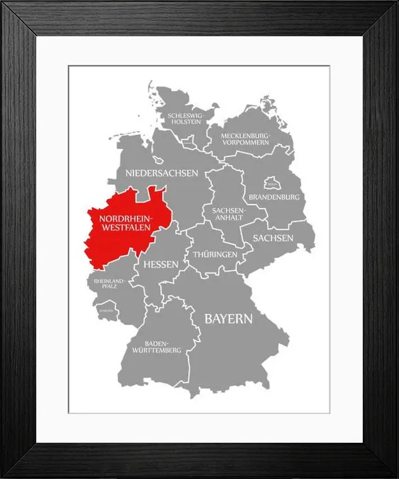 Framed Print : North Rhine Westphalia red highlighted in map of Germany Framed Print : North Rhine Westphalia red highlighted in map of Germany