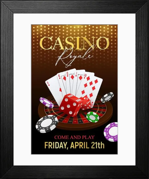 Framed Print : Casino poker club event announcement invitation realistic festive background poster with cards dice chips golden font Framed Print : Casino poker club event announcement invitation realistic festive background poster with cards dice chips golden font