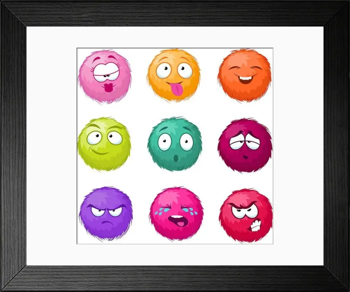 Framed Print : Funny colorful cartoon fluffy ball vector fuzzy characters set