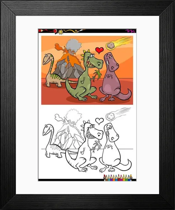 Framed Print : Cartoon Illustration of Funny Dinosaurs Characters in Love Coloring Book Activity Framed Print : Cartoon Illustration of Funny Dinosaurs Characters in Love Coloring Book Activity
