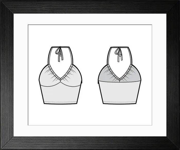 Framed Print : Top crop V-neck halter tank technical fashion illustration with empire seam Framed Print : Top crop V-neck halter tank technical fashion illustration with empire seam
