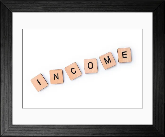 Framed Print : The word INCOME, spelt with wooden letter tiles over a white background Framed Print : The word INCOME, spelt with wooden letter tiles over a white background