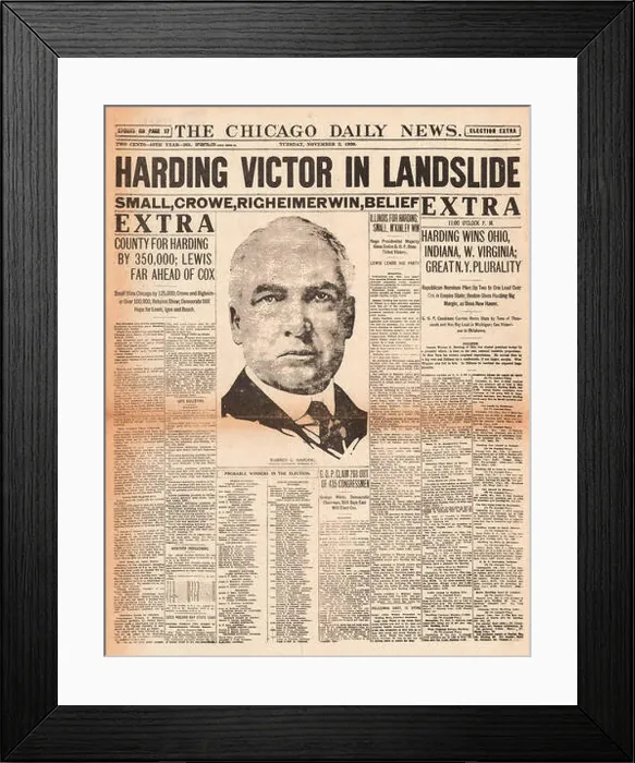 Framed Print : 1920 Chicago Daily News front page Warren Harding elected US President Framed Print : 1920 Chicago Daily News front page Warren Harding elected US President