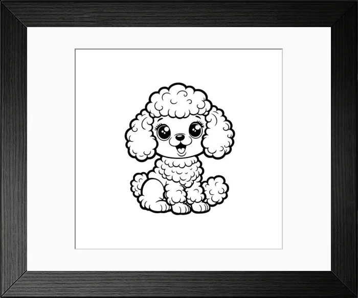 Framed Print : Cute cartoon poodle puppy with big eyes sitting happily Framed Print : Cute cartoon poodle puppy with big eyes sitting happily