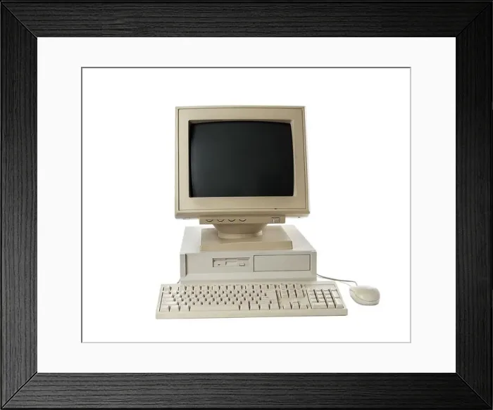 Framed Print : Old computer monitor, system unit, keyboard and mouse on white background Framed Print : Old computer monitor, system unit, keyboard and mouse on white background