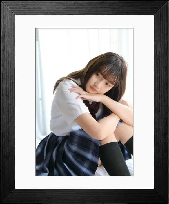 Framed Print : Portrait japanese school girl uniform in white tone bed room Framed Print : Portrait japanese school girl uniform in white tone bed room