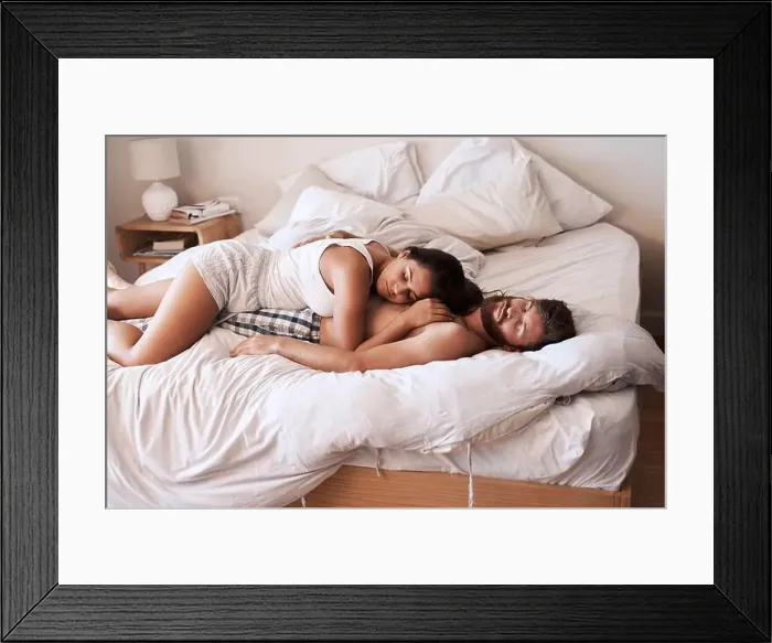Framed Print : Eyes closed, bedroom and sleeping couple tired Framed Print : Eyes closed, bedroom and sleeping couple tired