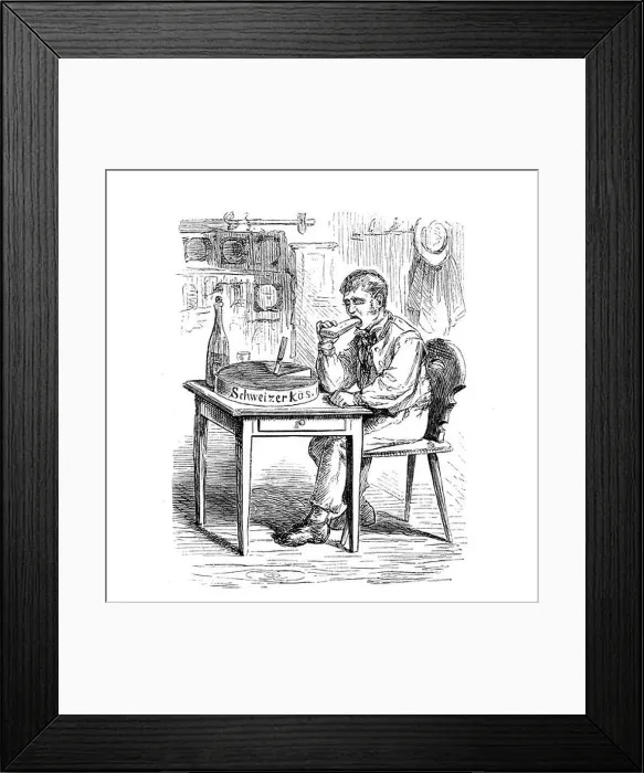 Framed Print : Eating Swiss cheese in the kitchen, engraving from XIX century Framed Print : Eating Swiss cheese in the kitchen, engraving from XIX century