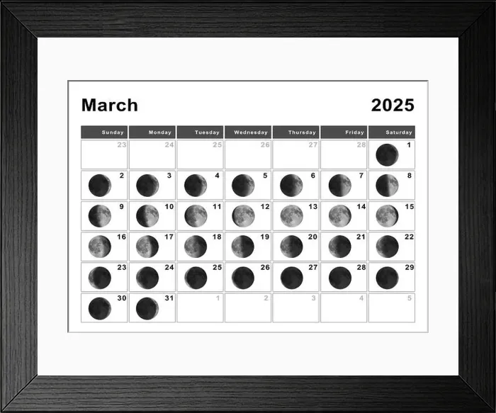 Framed Print : March 2025 Lunar calendar, Moon cycles, Moon Phases Framed Print : March 2025 Lunar calendar, Moon cycles, Moon Phases