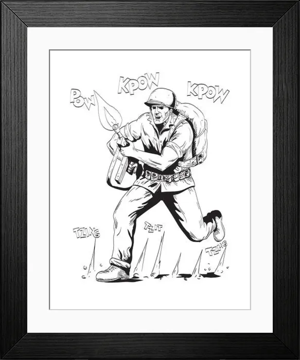Framed Print : Comics style drawing or illustration of a World War Two American GI soldier with rifle running towards front Framed Print : Comics style drawing or illustration of a World War Two American GI soldier with rifle running towards front