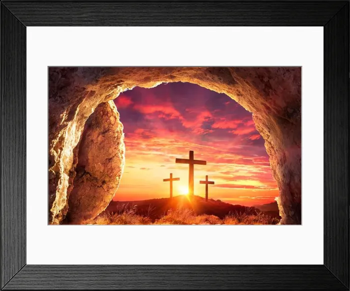 Framed Print : Resurrection Concept - Empty Tomb With Three Crosses On Hill At Sunrise Framed Print : Resurrection Concept - Empty Tomb With Three Crosses On Hill At Sunrise