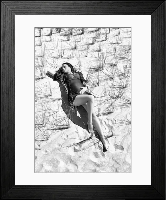 Framed Print : Pregnant model posing on the sandy background bw Framed Print : Pregnant model posing on the sandy background bw