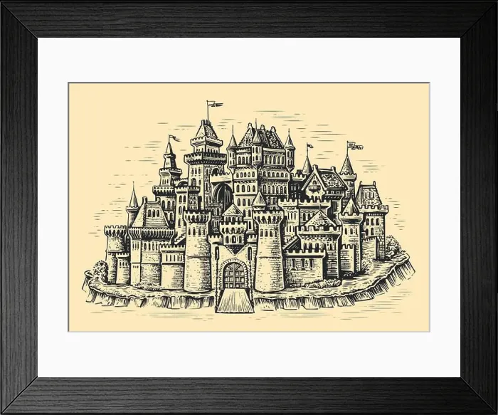 Framed Print : Medieval town. Stone castle with towers. Cityscape in vintage engraving style. Sketch vector illustration
