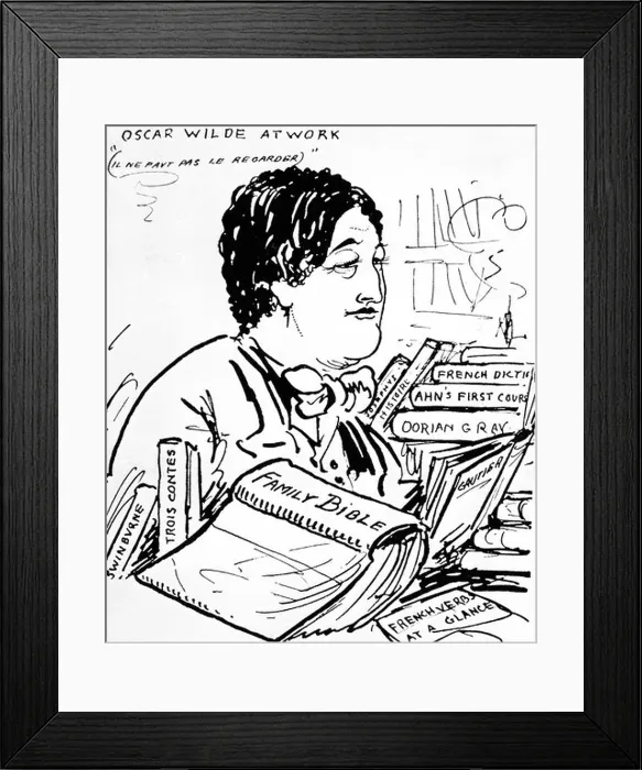 Framed Print : Oscar Wilde At Work Aubrey Beardsley cartoon of his friend the writer and wit among his books Framed Print : Oscar Wilde At Work Aubrey Beardsley cartoon of his friend the writer and wit among his books