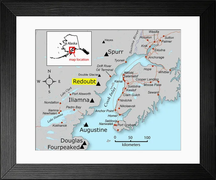 Framed Print : Map of Cook Inlet and Surrounding Volcanoes Framed Print : Map of Cook Inlet and Surrounding Volcanoes