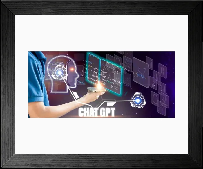 Framed Print : Conceptually, ChatGPT is an AI chatbot or artificial intelligence that can communicate through messages with humans Framed Print : Conceptually, ChatGPT is an AI chatbot or artificial intelligence that can communicate through messages with humans