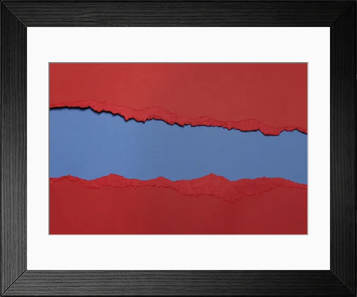 Framed Print : Torn Red Paper with circlet's shape and blue background with space for text Framed Print : Torn Red Paper with circlet's shape and blue background with space for text