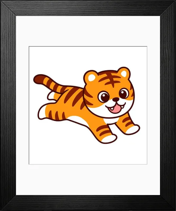 Framed Print : Cute cartoon running or jumping tiger drawing. Funny little tiger pounce. Isolated vector clip art illustration Framed Print : Cute cartoon running or jumping tiger drawing. Funny little tiger pounce. Isolated vector clip art illustration
