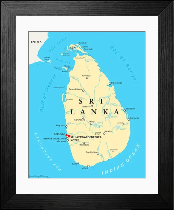 Framed Print : Sri Lanka political map with capitals Sri Jayawardenepura Kotte and Colombo, important cities, rivers and lakes. Ceylon Framed Print : Sri Lanka political map with capitals Sri Jayawardenepura Kotte and Colombo, important cities, rivers and lakes. Ceylon