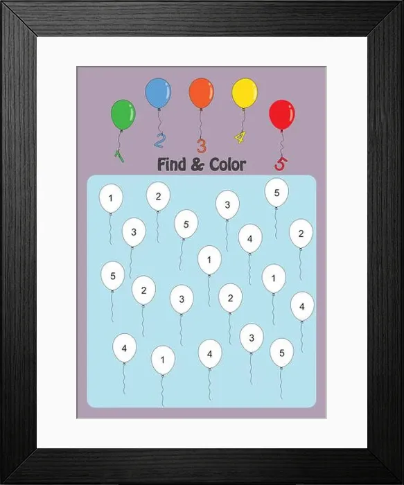 Framed Print : find and color numbers 1-5, math worksheet for kids Framed Print : find and color numbers 1-5, math worksheet for kids