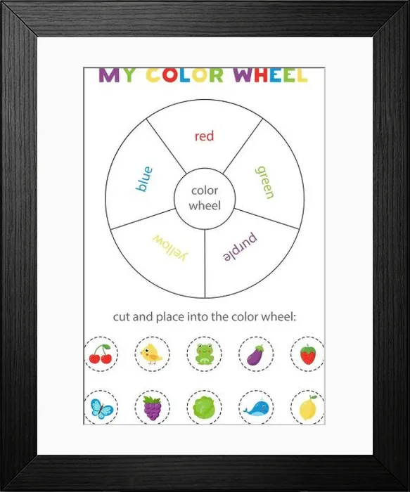 Framed Print : Color wheel for kids. Learning colors game. Printable worksheet for preschool Framed Print : Color wheel for kids. Learning colors game. Printable worksheet for preschool