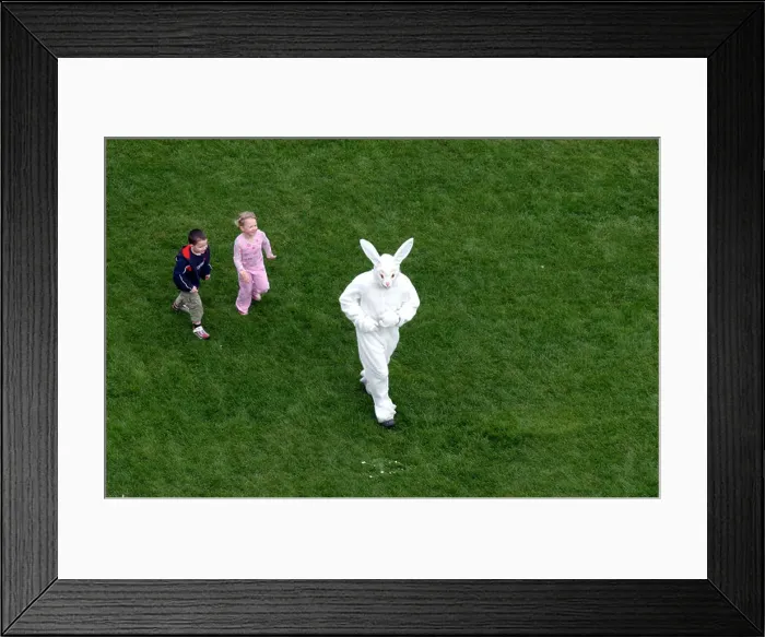 Framed Print : Two children chasing a giant Easter bunny Framed Print : Two children chasing a giant Easter bunny