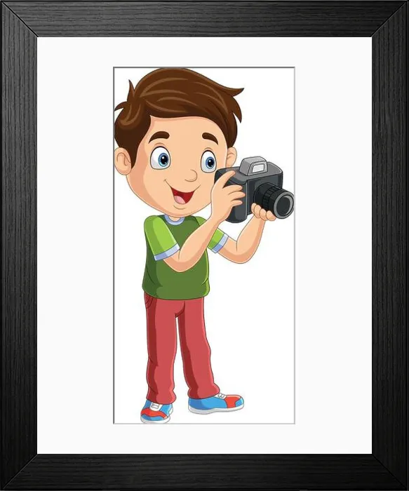 Framed Print : Cartoon boy taking photo using a digital camera Framed Print : Cartoon boy taking photo using a digital camera