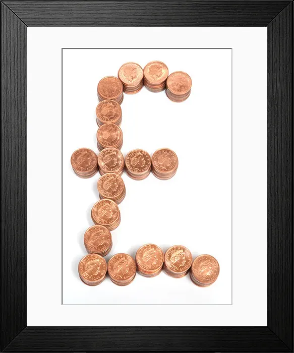 Framed Print : Piles of one pence coins in a pound sign Framed Print : Piles of one pence coins in a pound sign