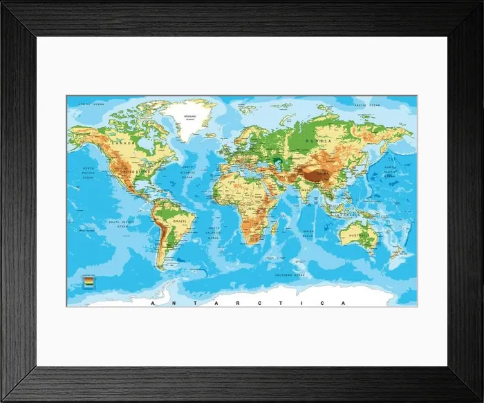 Framed Print : Physical map of the world Framed Print : Physical map of the world