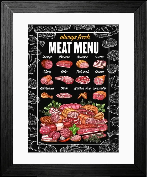 Framed Print : Butchery meat products and butcher shop sausages menu Framed Print : Butchery meat products and butcher shop sausages menu