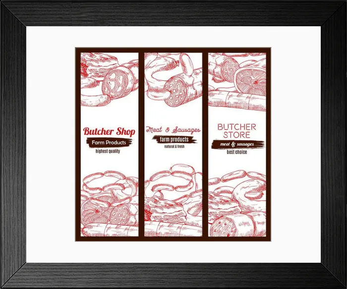 Framed Print : Meat banners sketch set. Butchery store or butcher shop meaty products pork bacon and ham jamon Framed Print : Meat banners sketch set. Butchery store or butcher shop meaty products pork bacon and ham jamon
