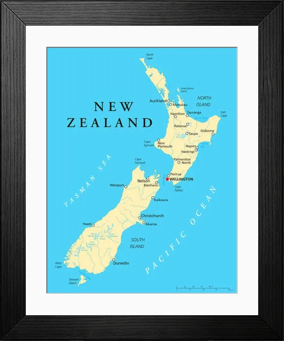 Framed Print : New Zealand Political Map with capital Wellington Framed Print : New Zealand Political Map with capital Wellington