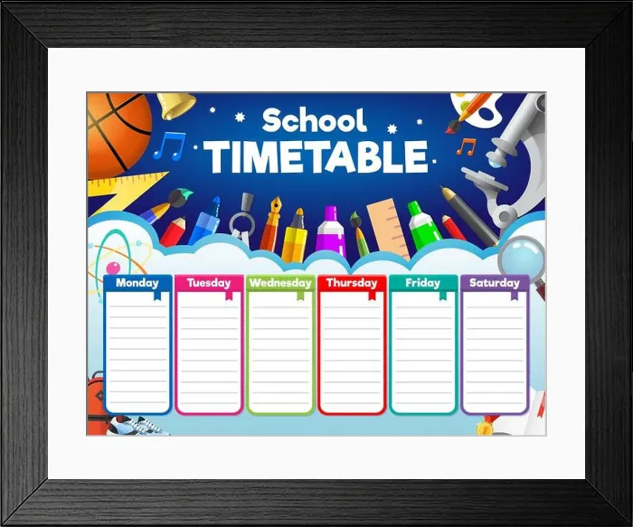 Framed Print : Colorful school timetable, weekly schedule with supplies and student items Framed Print : Colorful school timetable, weekly schedule with supplies and student items