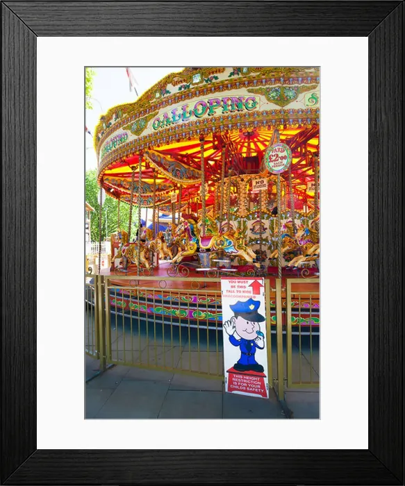 Framed Print : Minimum height sign on traditional carousel fair ground ride Framed Print : Minimum height sign on traditional carousel fair ground ride