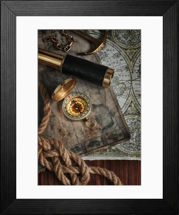 Framed Print : Nautical background with a navigation tools: telescope, compass and old map Framed Print : Nautical background with a navigation tools: telescope, compass and old map