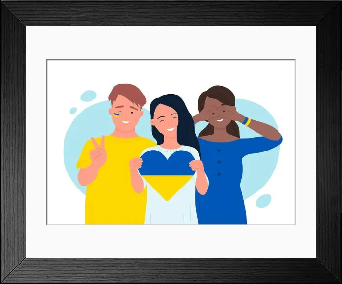 Framed Print : People standing together with heart in yellow blue national colors of Ukrainian flag Framed Print : People standing together with heart in yellow blue national colors of Ukrainian flag
