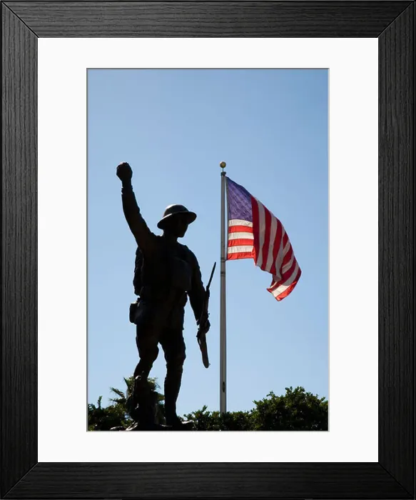 Framed Print : American soldier statue and American flag in Sarasota Florida Framed Print : American soldier statue and American flag in Sarasota Florida