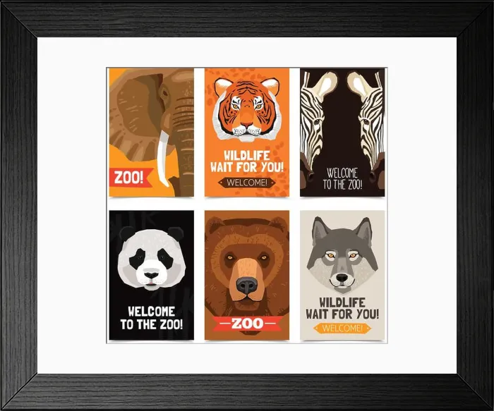Framed Print : Mini posters set with different wild animals heads on each poster and zoo advertising flat vector illustration Framed Print : Mini posters set with different wild animals heads on each poster and zoo advertising flat vector illustration