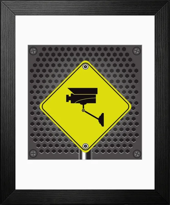 Framed Print : Professional CCTV Camera. Outdoor Video System. Yellow Warning Sign. Outdoor Video System Framed Print : Professional CCTV Camera. Outdoor Video System. Yellow Warning Sign. Outdoor Video System